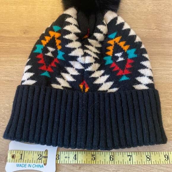C.C. Aztec Print Knit Beanie With Faux Fur Pom Pom - Picture 4 of 5